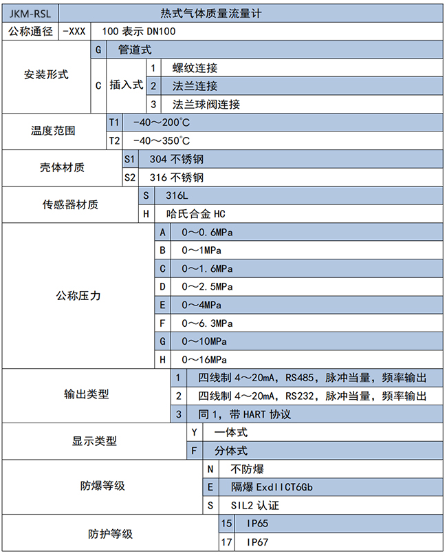 天然氣熱式氣體質(zhì)量流量計選項表